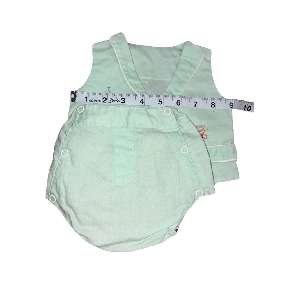 Vtg 1970s Baby Boy 2 Piece Vest and Diaper Cover Set Pastel Sage Green‎ Bear
